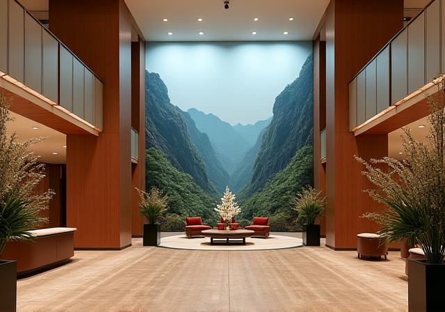 Ampia hall di un hotel con carta da parati panoramica che raffigura un paesaggio.